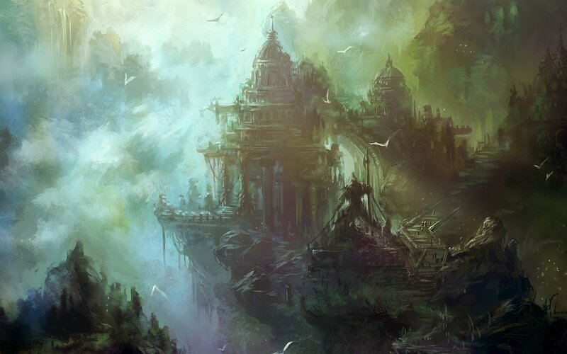 Ancient Temple Ruins — Green, Mysterious, Digital Art, Clouds