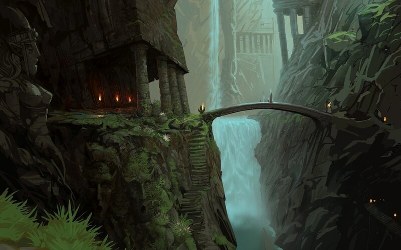 Ancient Temple Ruins — Green, Mysterious, Digital Art, Waterfall
