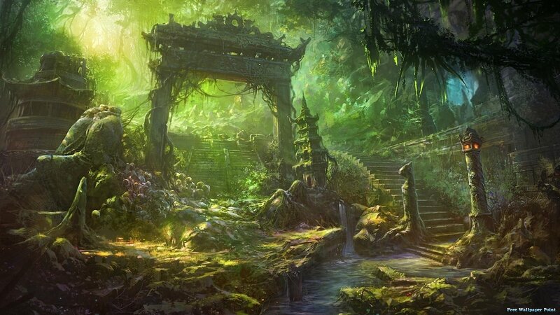 Ancient Temple Ruins — Green, Mysterious, Morning, Digital Art, Forest, Stairs