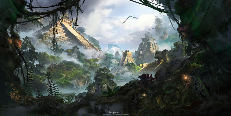 Ancient Temple Ruins — Green, Mysterious, Morning, Digital Art, Jungle, Pyramids, Clouds