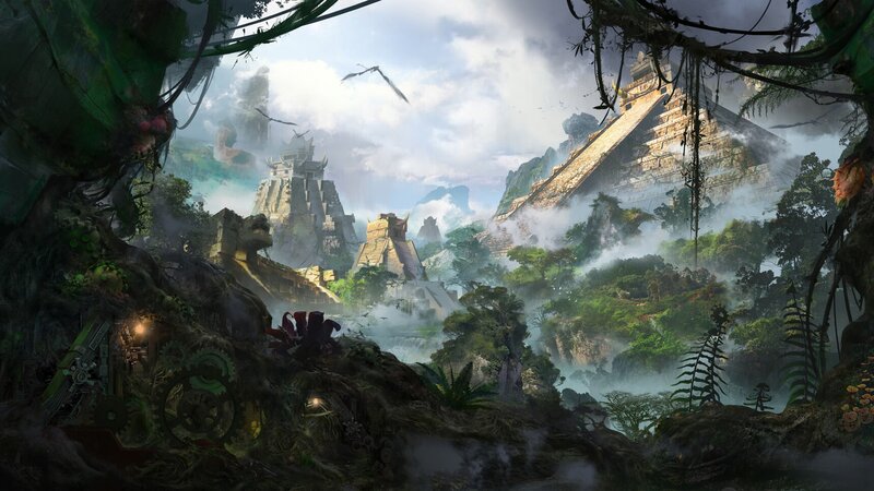 Ancient Temple Ruins — Green, Mysterious, Morning, Digital Art, Jungle, Pyramids