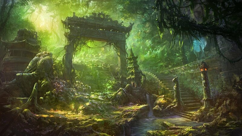 Ancient Temple Ruins — Green, Mysterious, Morning, Digital Art, Jungle