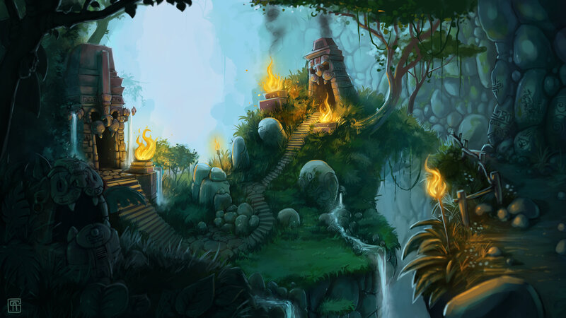 Ancient Temple Ruins — Green, Mysterious, Morning, Digital Art, Stone Structures