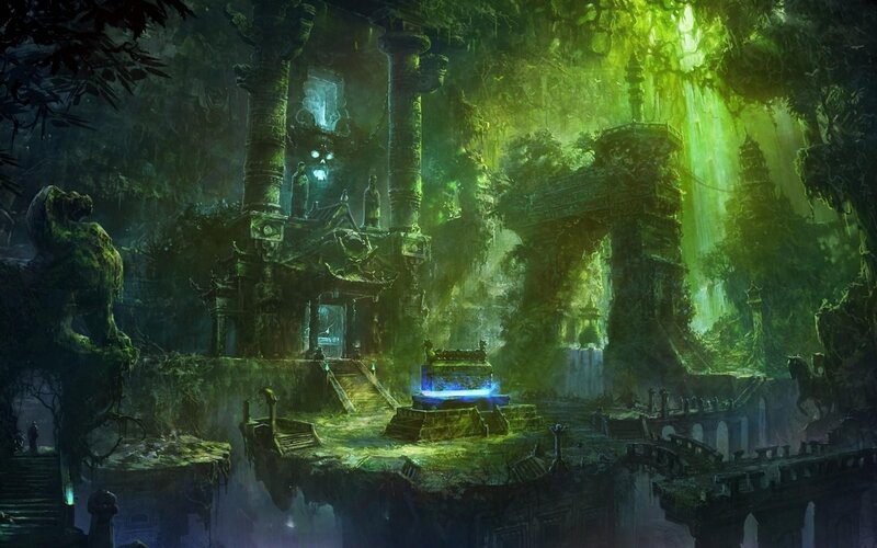 Ancient Temple Ruins — Green, Mysterious, Night, Digital Art