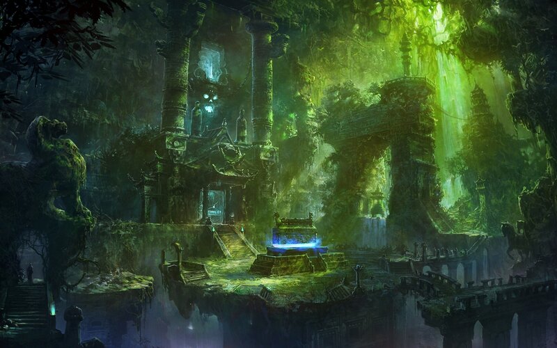 Ancient Temple Ruins — Green, Mysterious, Night