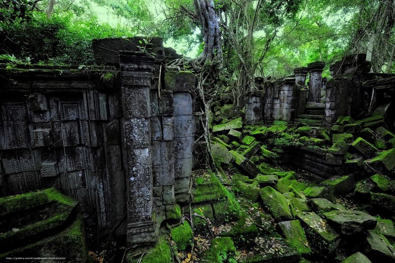 Ancient Temple Ruins — Green, Overgrown, Photograph
