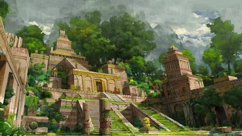 Ancient Temple Ruins — Green, Serene, Afternoon, Digital Art, Trees, Stairs