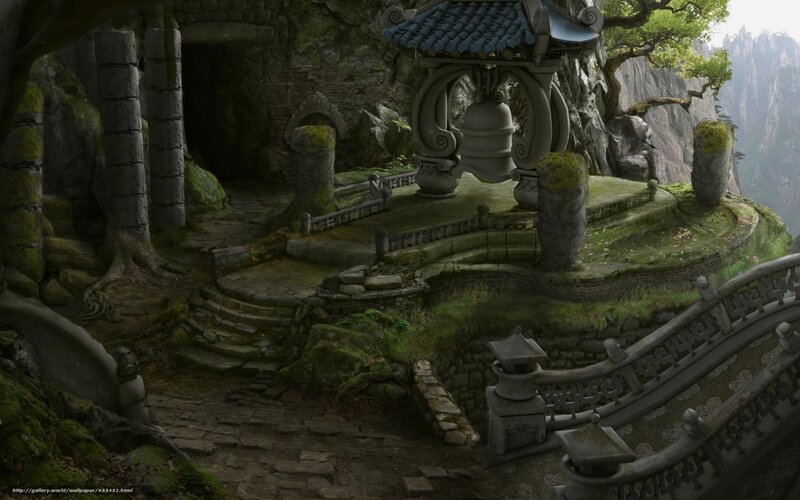 Ancient Temple Ruins — Green, Serene, Morning, Digital Art, Bell