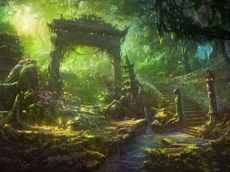 Ancient Temple Ruins — Green, Serene, Morning