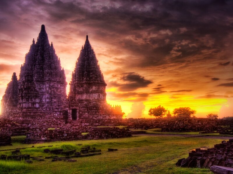 Ancient Temple Ruins — Orange, Dramatic, Sunset, Photograph, Sky