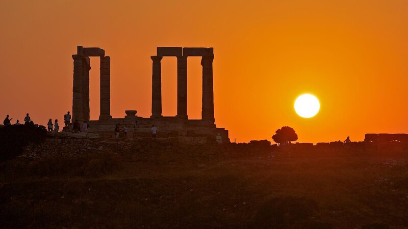 Ancient Temple Ruins — Orange, Dramatic, Sunset, Photograph, Sun