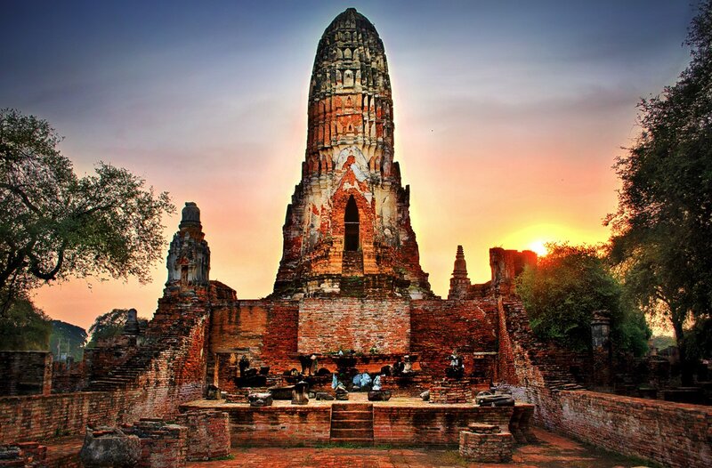 Ancient Temple Ruins — Orange, Dramatic, Sunset, Photograph, Trees