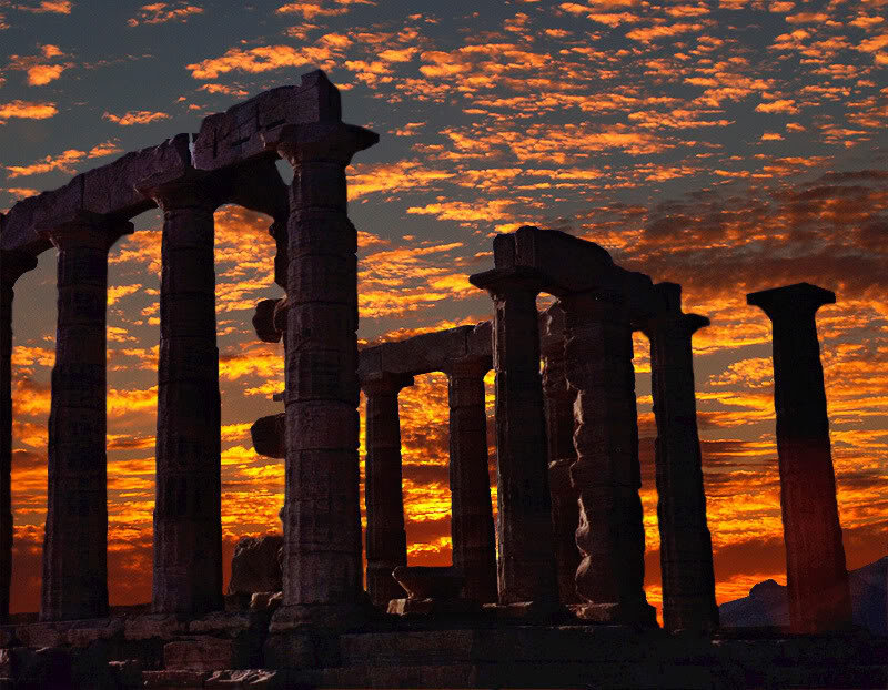 Ancient Temple Ruins — Orange, Dramatic, Sunset