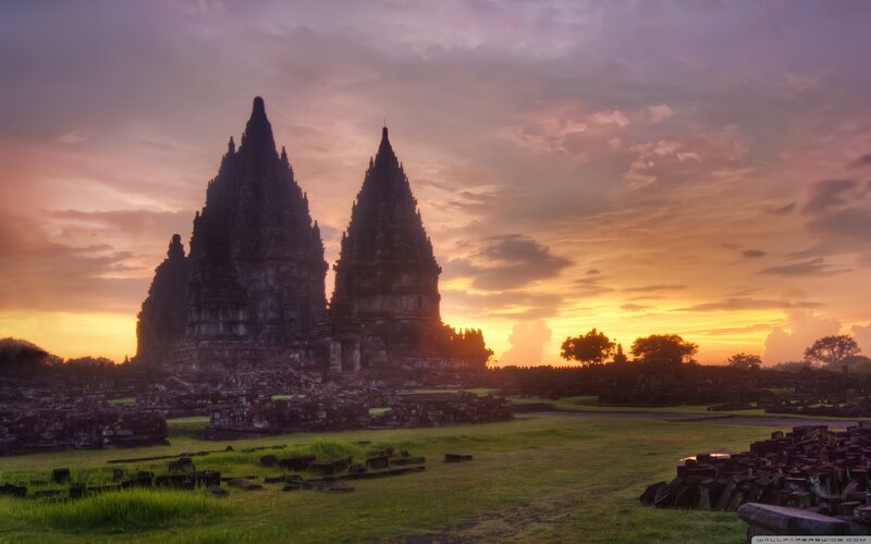 Ancient Temple Ruins — Purple, Dramatic, Sunset, Photograph, Sky, Grass
