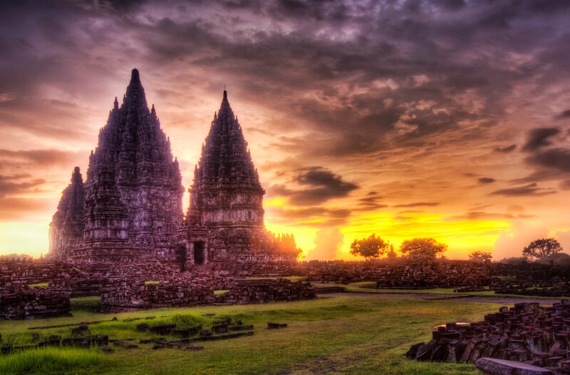 Ancient Temple Ruins — Purple, Dramatic, Sunset, Photograph, Sky, Trees, Grass