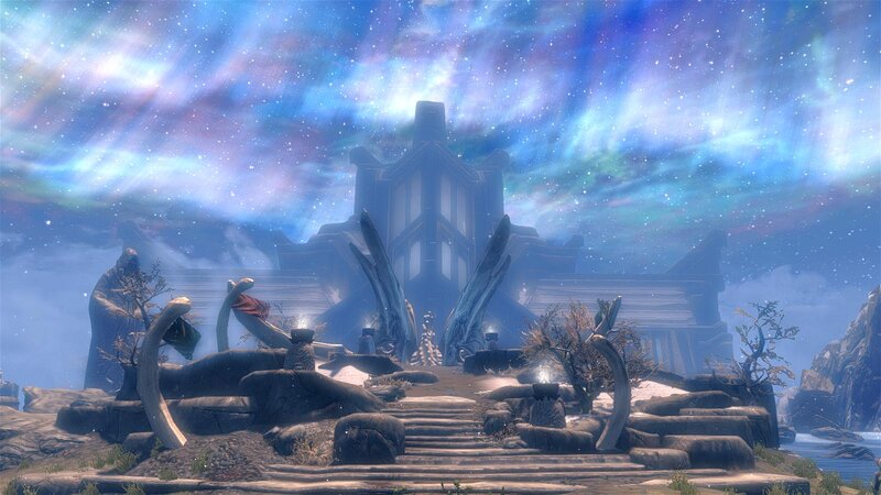 ancient temple under aurora sky