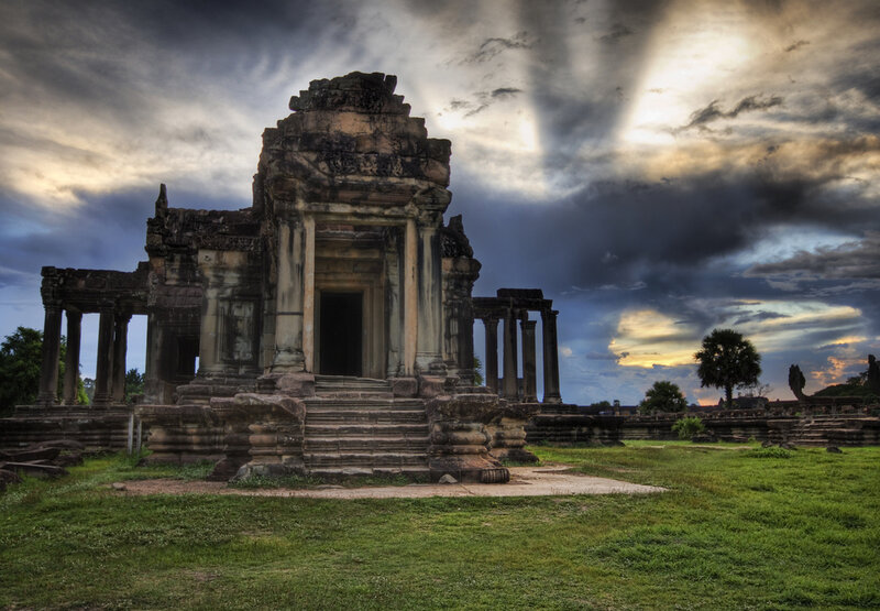 Ancient temple under dramatic sky