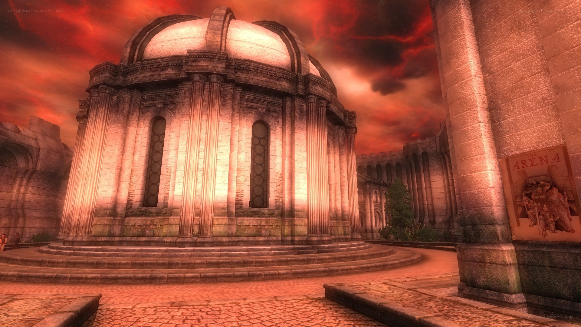 ancient temple under red sky