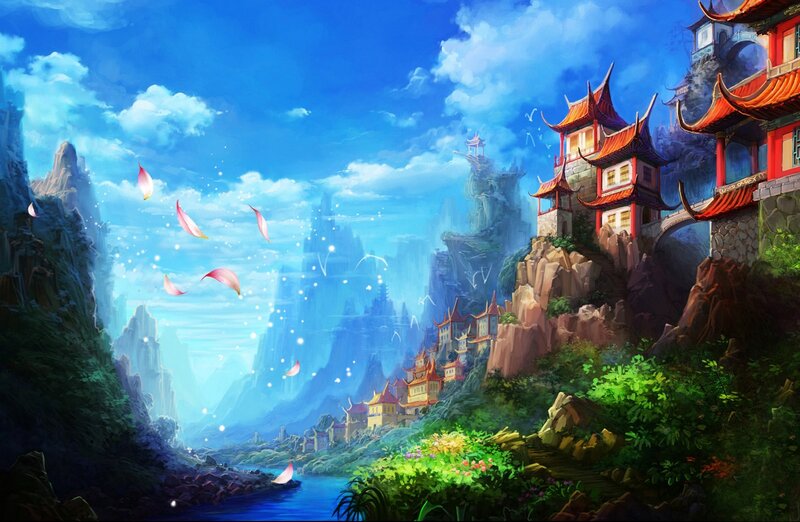 Ancient Temple Village — Blue, Serene