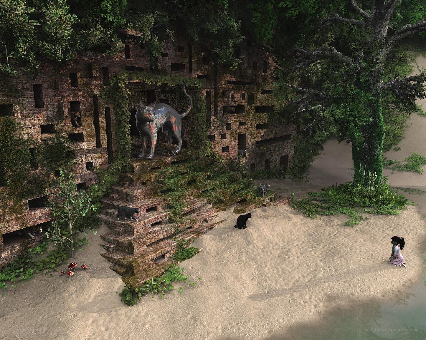ancient temple with cat statue