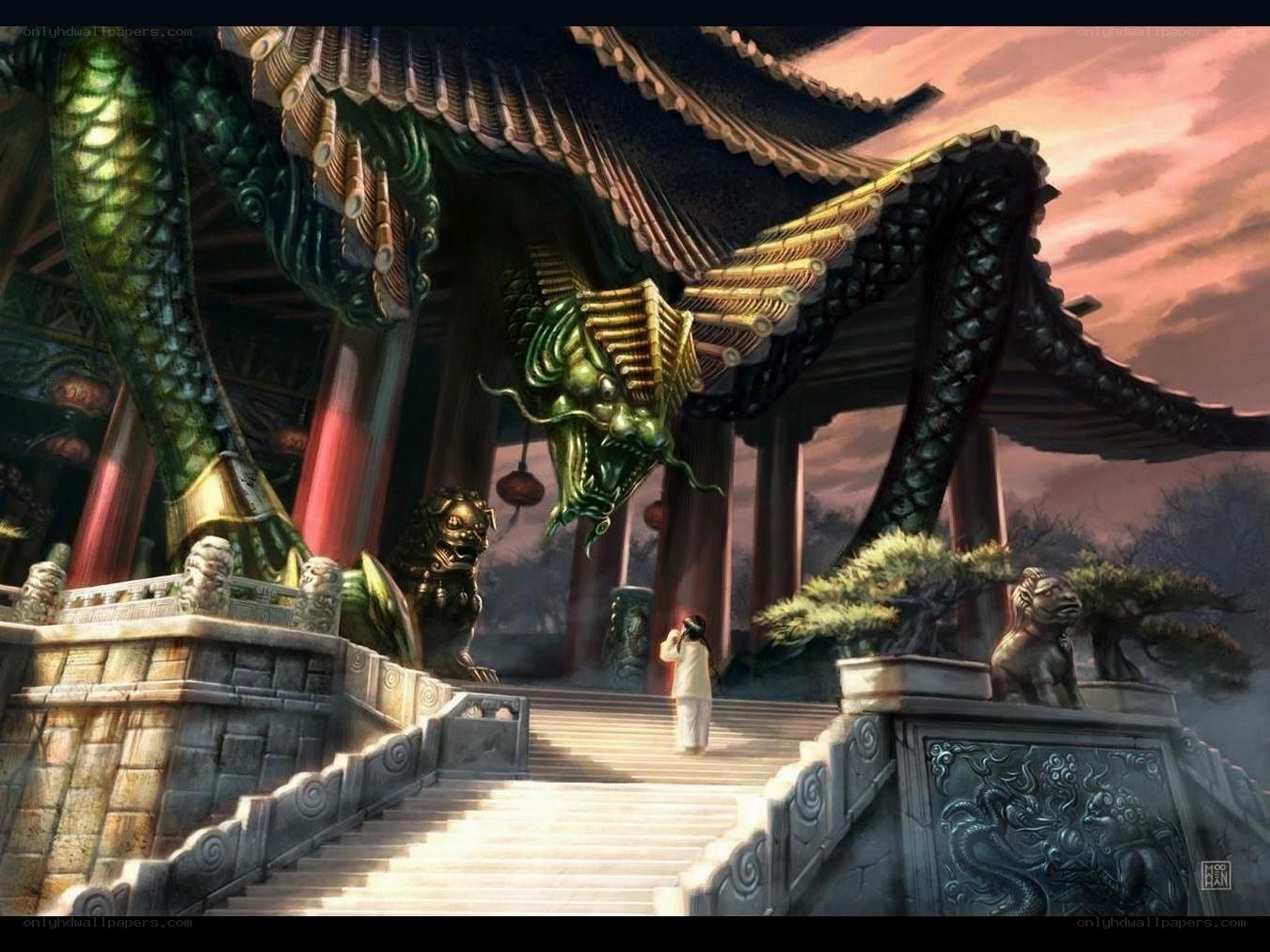 ancient temple with dragon statues