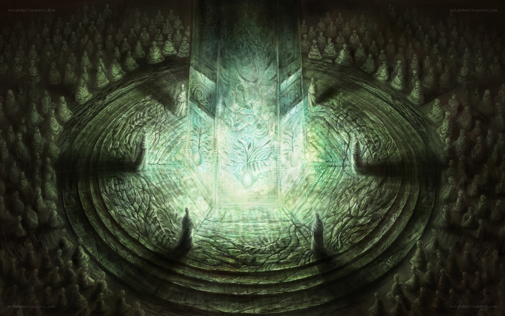 ancient temple with glowing artifact