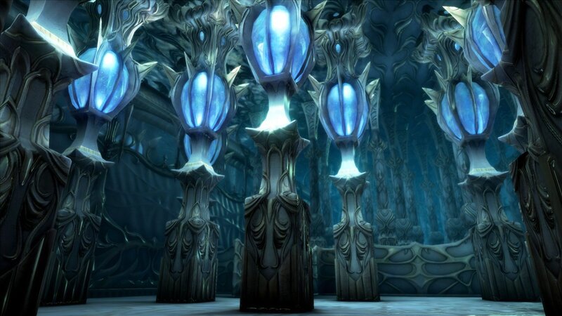 ancient temple with glowing blue pillars