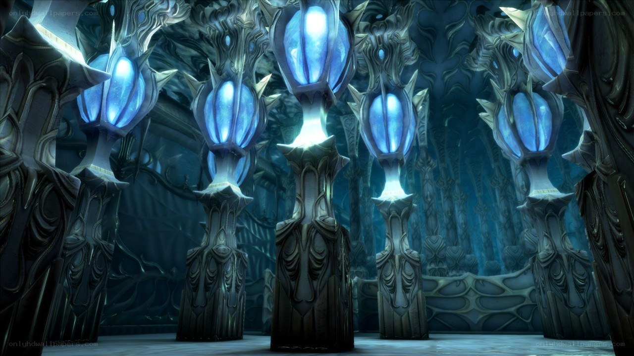 ancient temple with glowing blue pillars