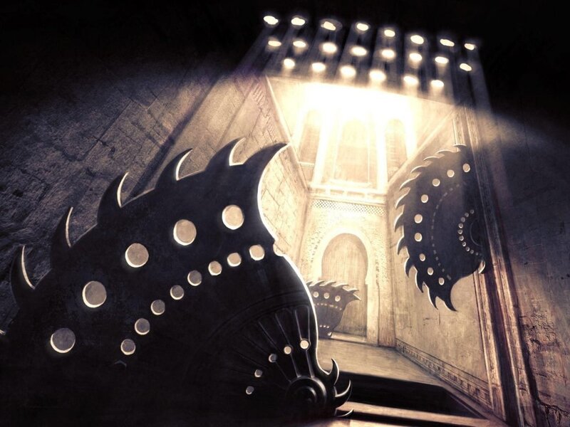 ancient temple with glowing gears