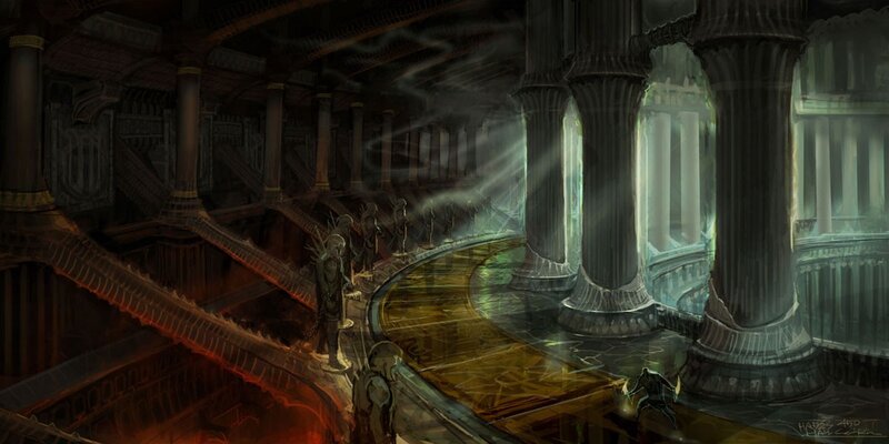 ancient temple with glowing pillars
