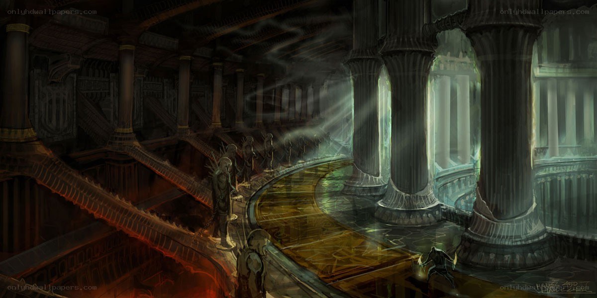 ancient temple with glowing pillars