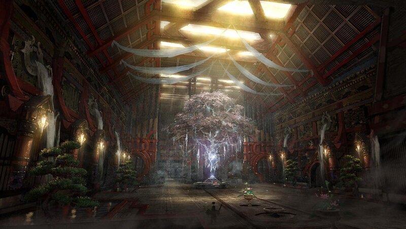 ancient temple with glowing tree