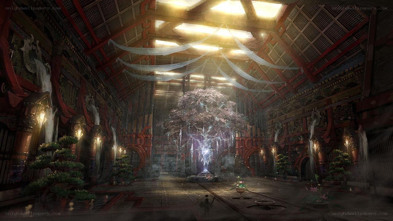 ancient temple with glowing tree