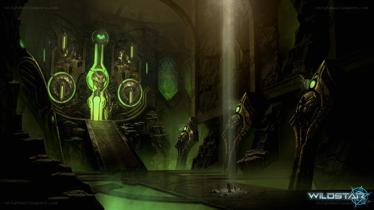 ancient temple with green lights
