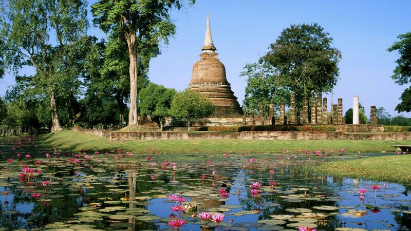 ancient temple with lotus pond