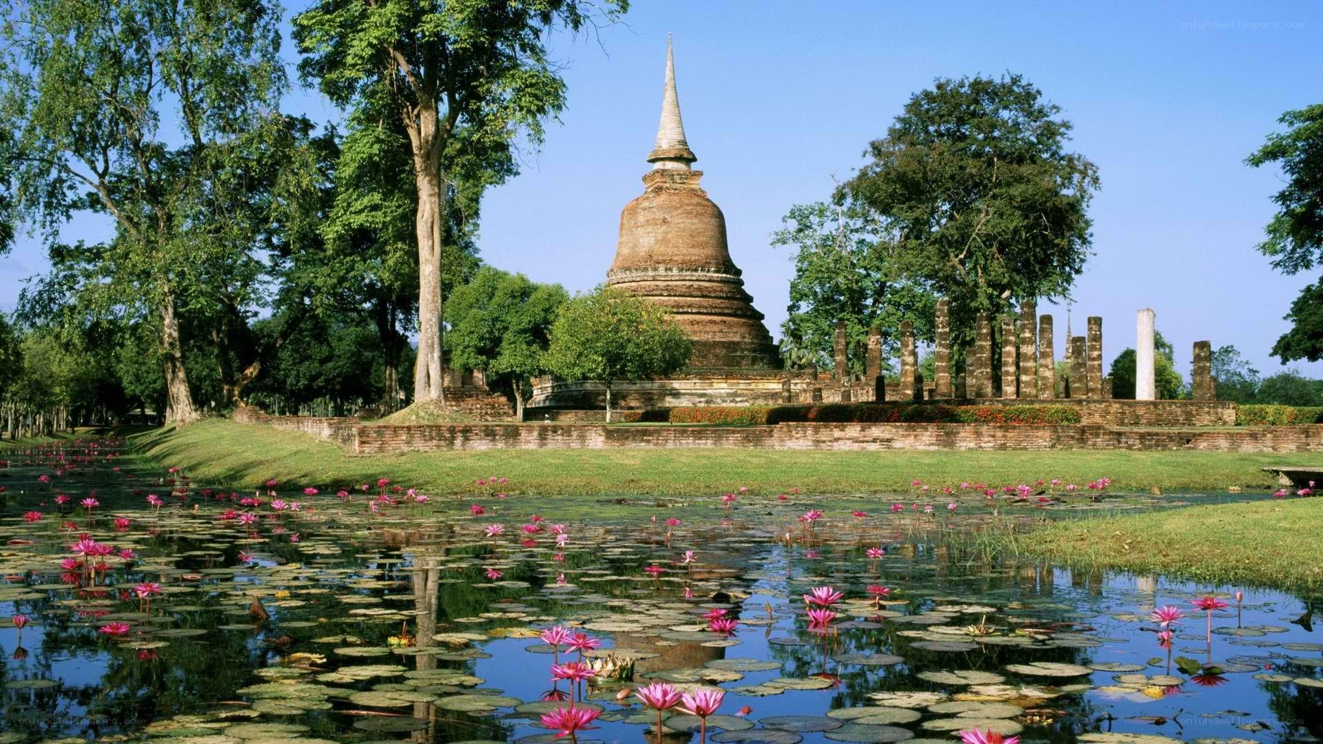 ancient temple with lotus pond