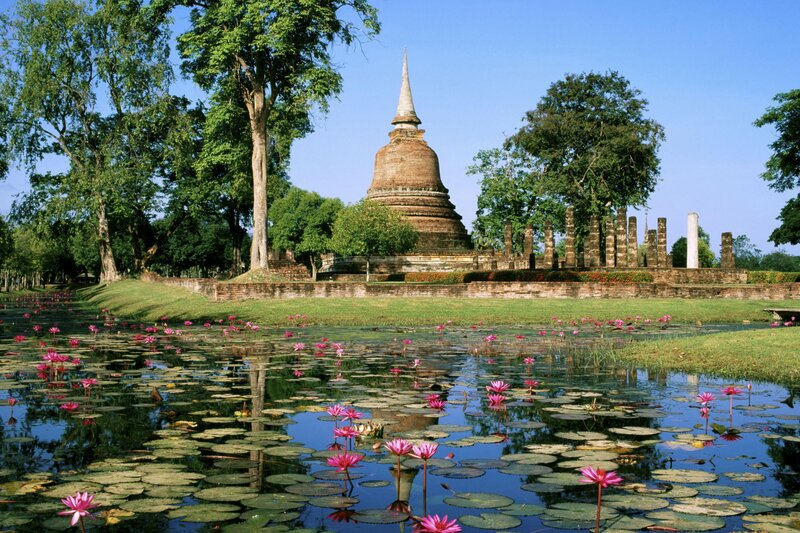 Ancient temple with lotus pond