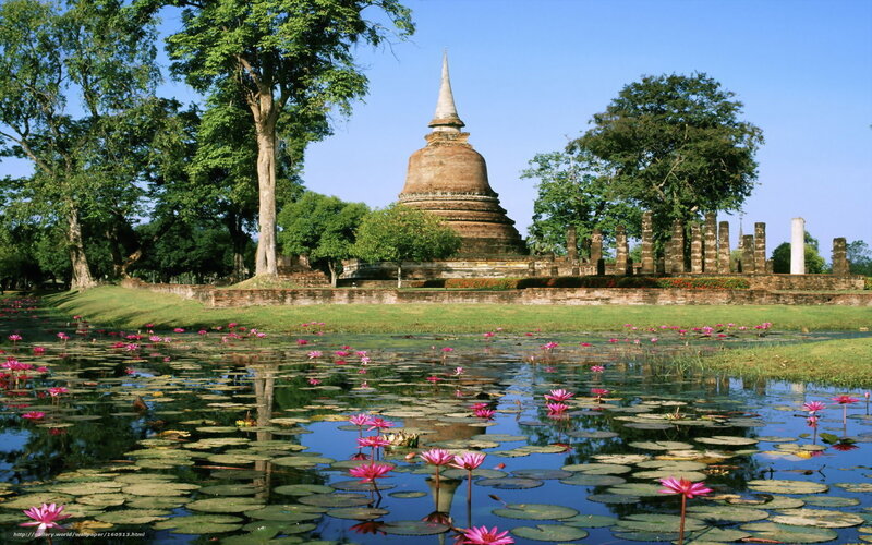Ancient temple with lotus pond