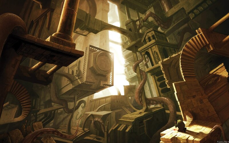 ancient temple with tentacles