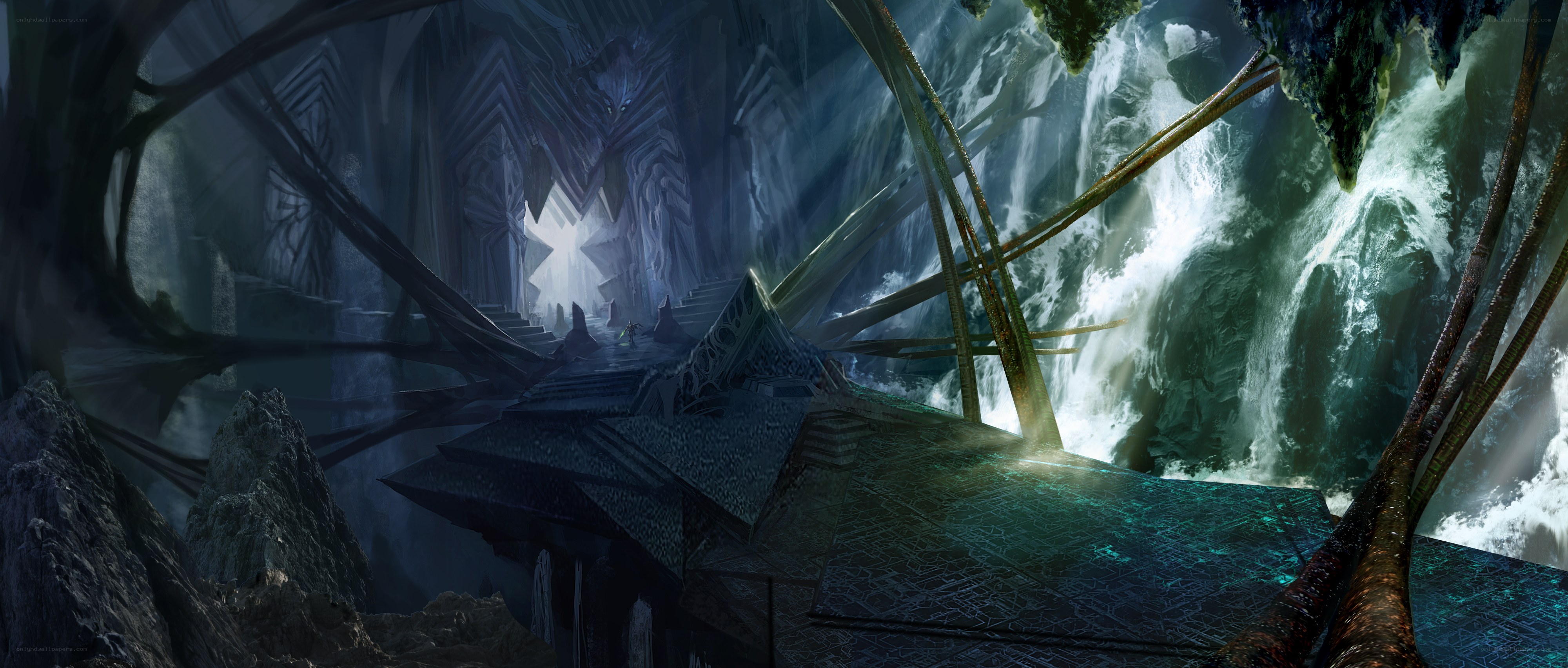 ancient temple with waterfall