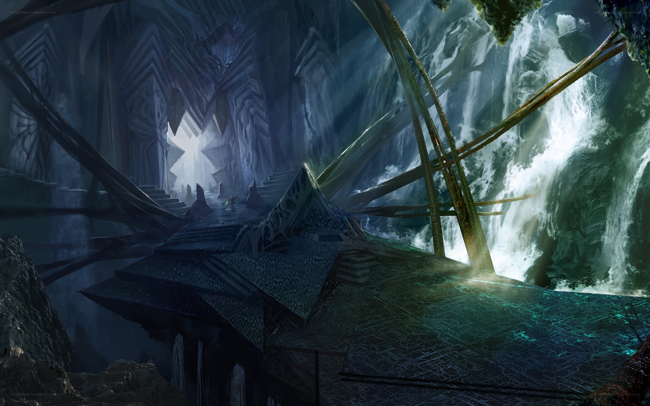ancient temple with waterfall