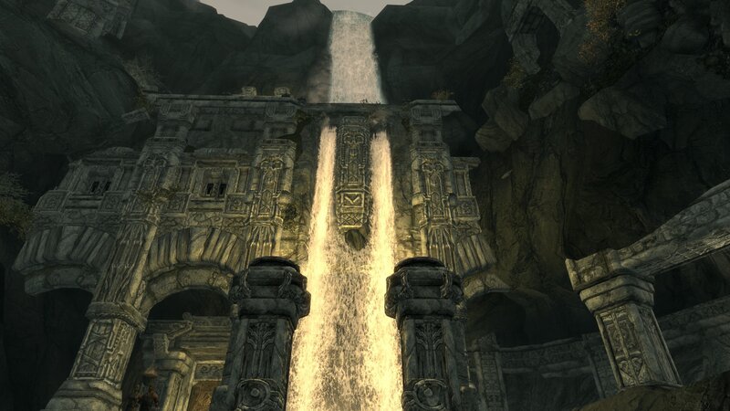 ancient temple with waterfall