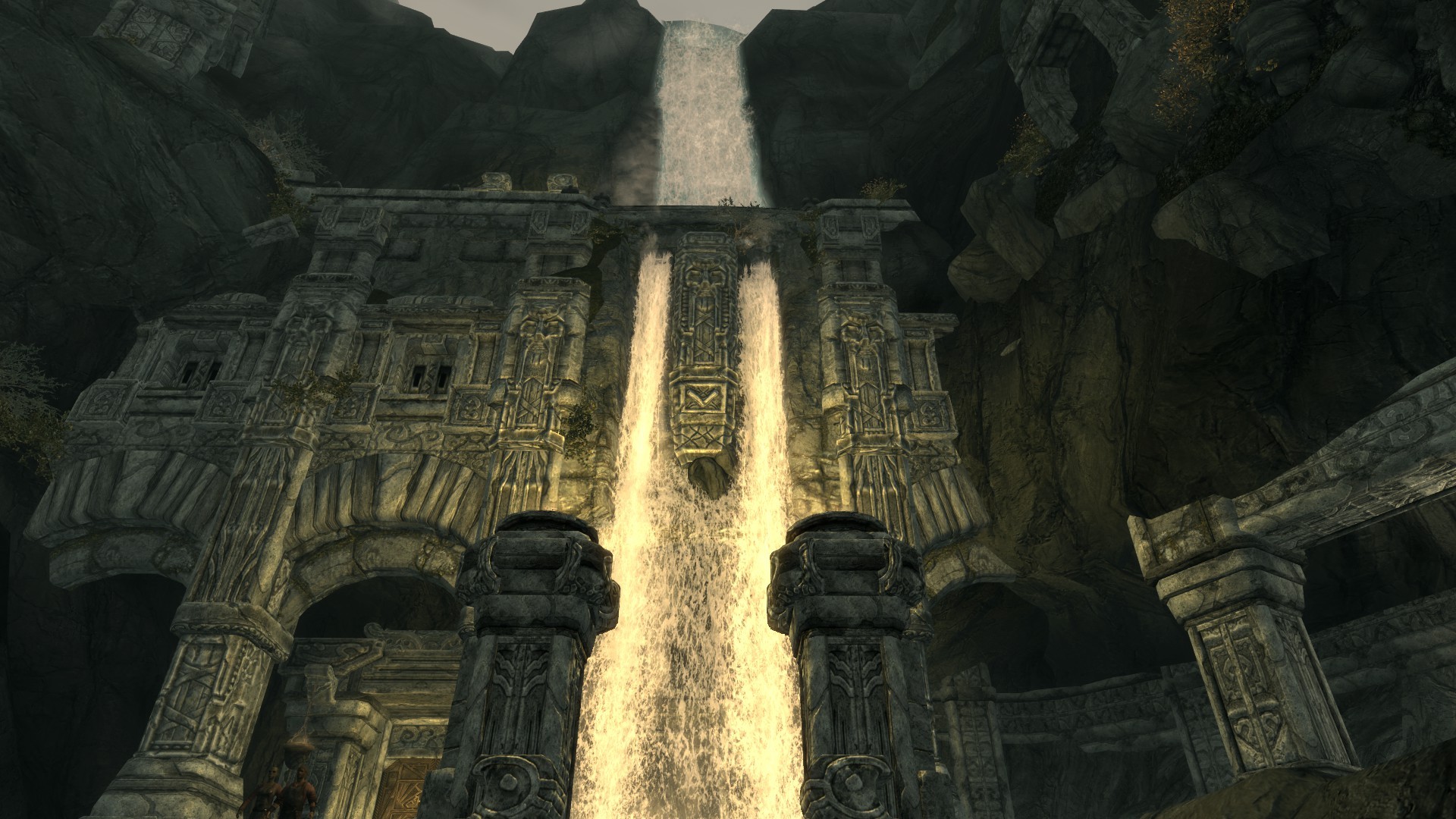 ancient temple with waterfall