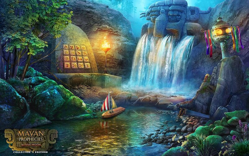 Ancient Temple with Waterfall — Blue
