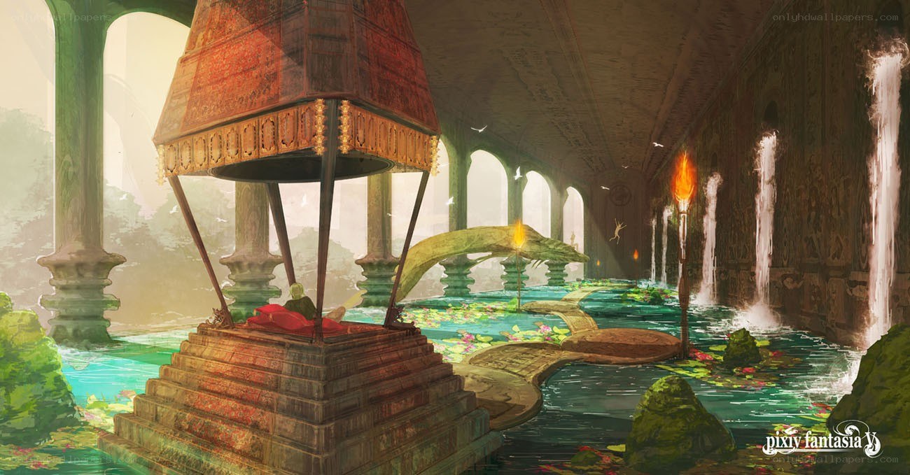 ancient temple with waterfalls