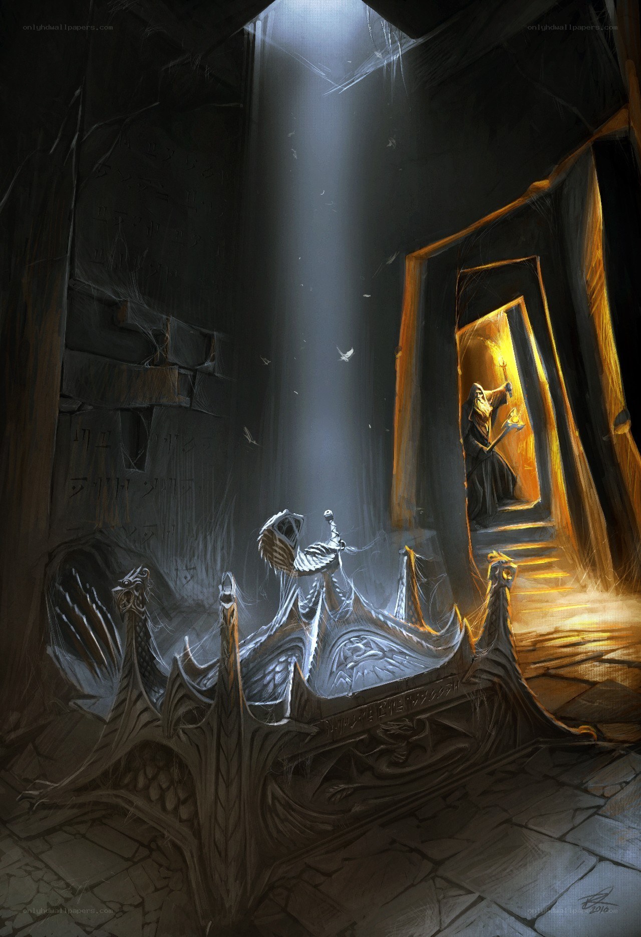 ancient throne in a dark chamber