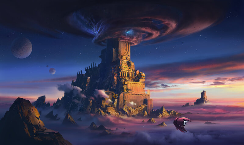 Ancient Tower in Clouds — Purple