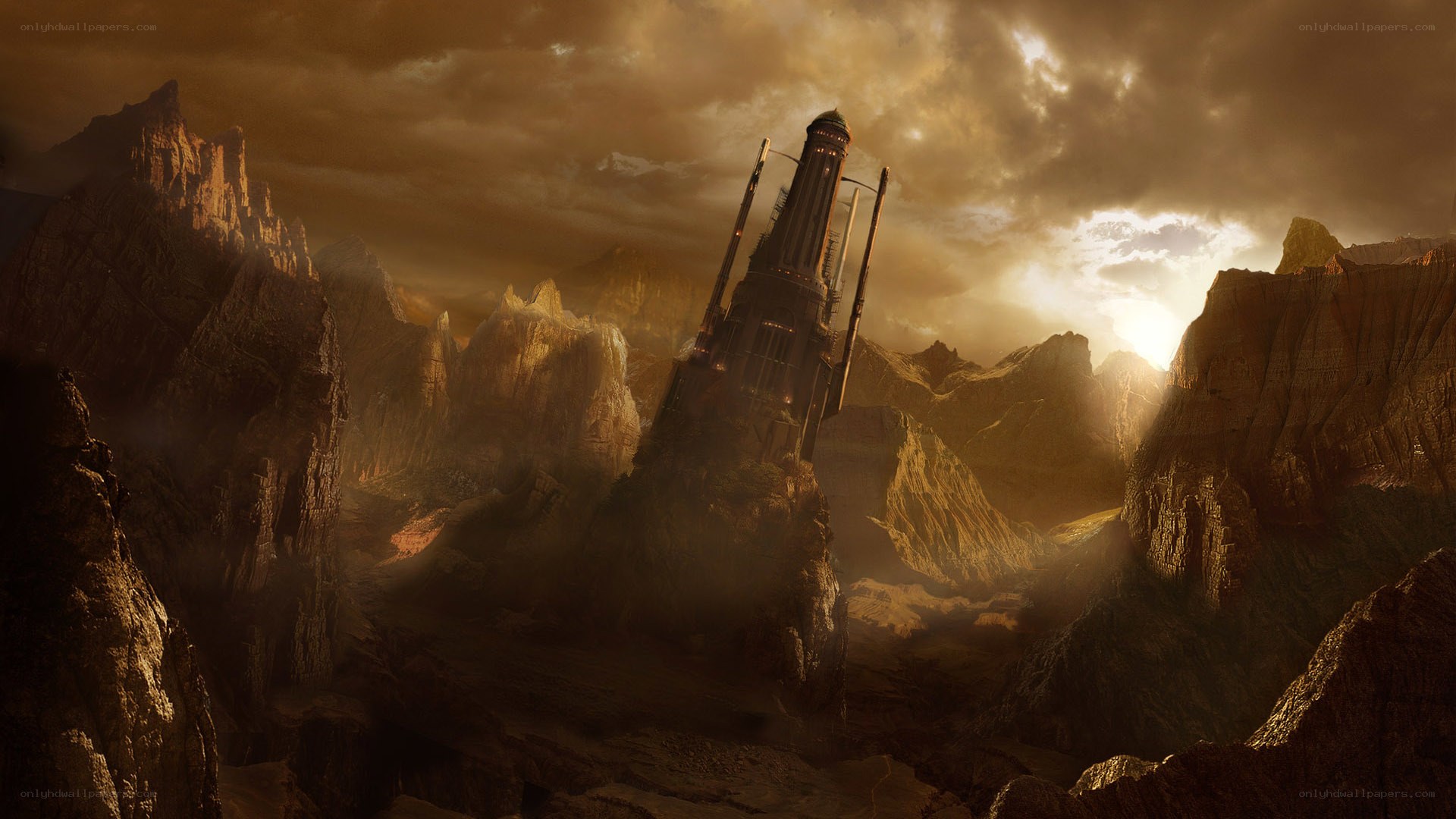 ancient tower in mountainous landscape