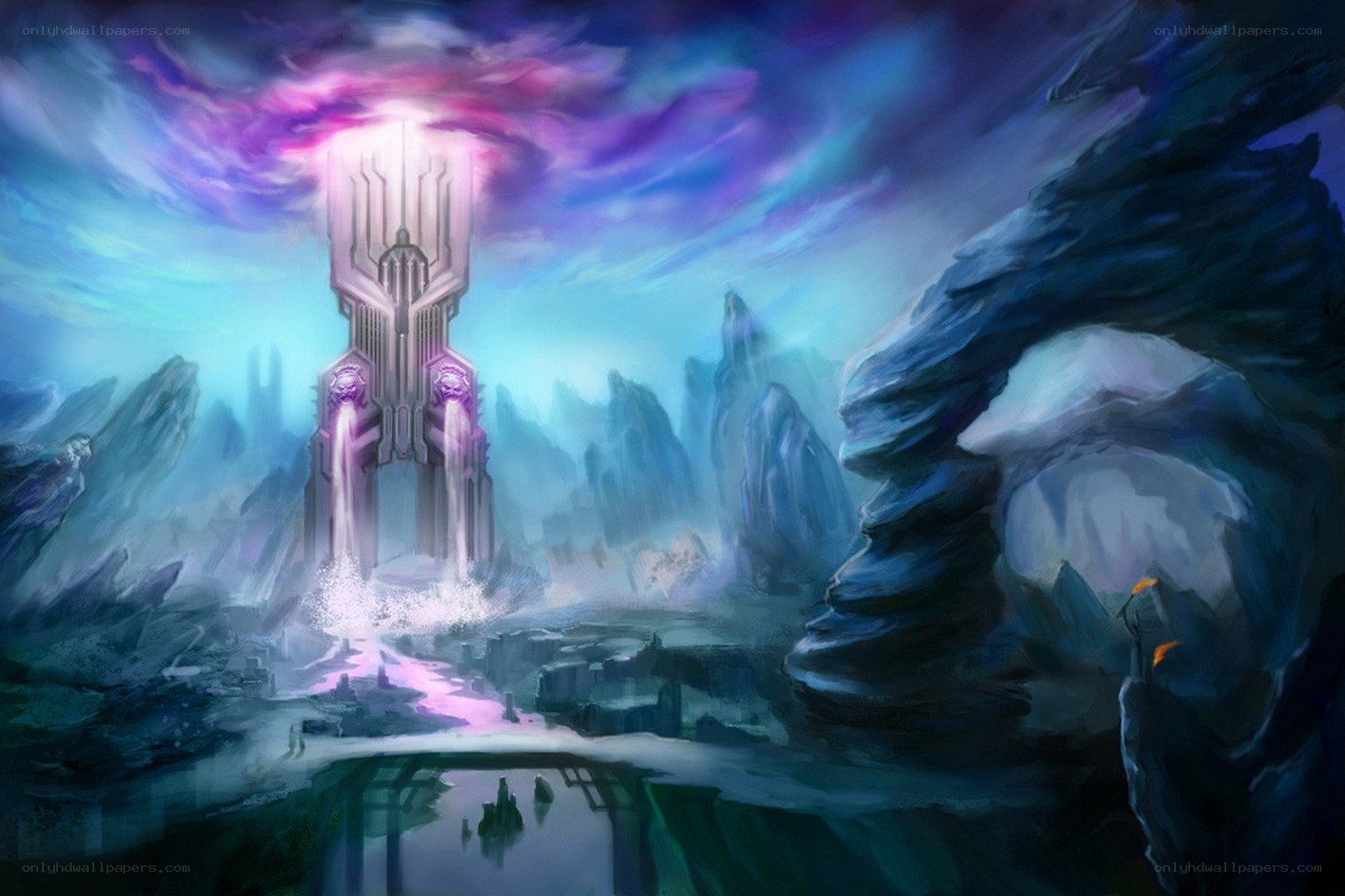ancient tower in mystical landscape