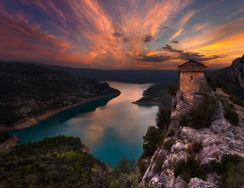 Ancient Tower on Cliff — Orange, Dramatic